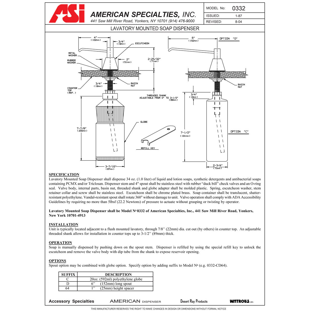 ASI 0332 Commercial Liquid Soap Dispenser, Countertop Mounted, Manual-Push, Stainless Steel - 4" Spout Length - Image 3