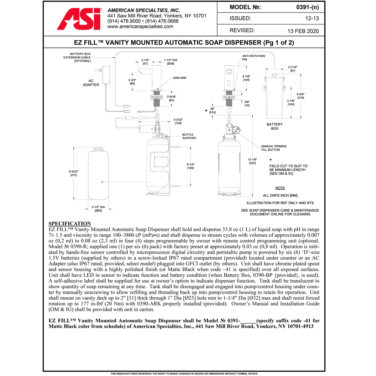 ASI 10-0391-1A EZ-Fill Individual Counter Mount Liquid Soap Dispenser, 1 Liter, Battery Operated - 2.25" Spout Length - Image 3