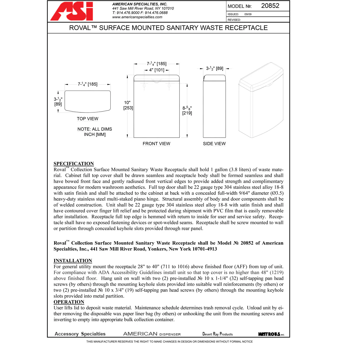 ASI 20852 Commercial Restroom Sanitary Napkin Disposal, Roval-Surface-Mounted, Stainless Steel - Image 3