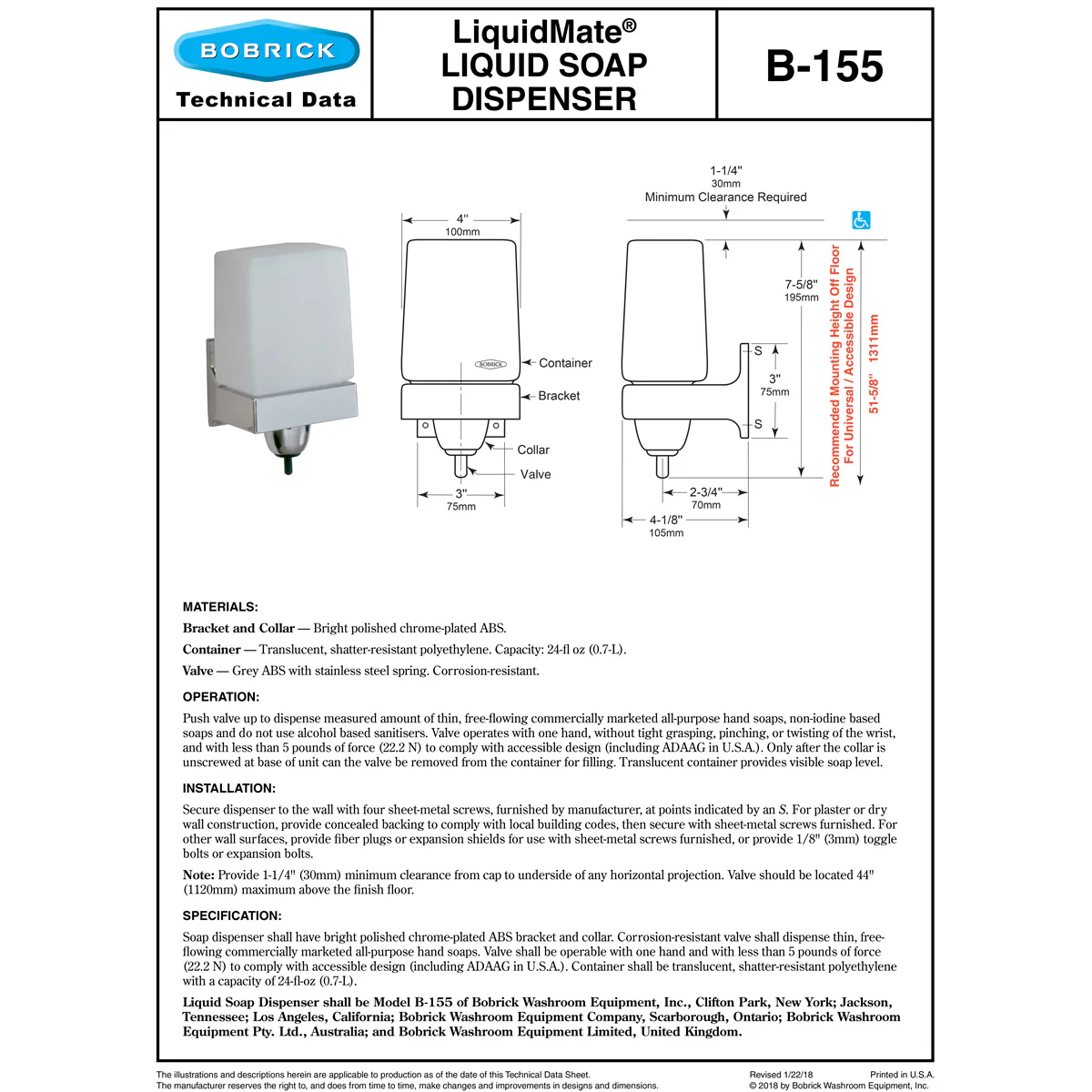 Bobrick B-155 Commercial Liquid Soap Dispenser, Surface-Mounted, Manual-Push, Plastic - 24 Oz - Image 5