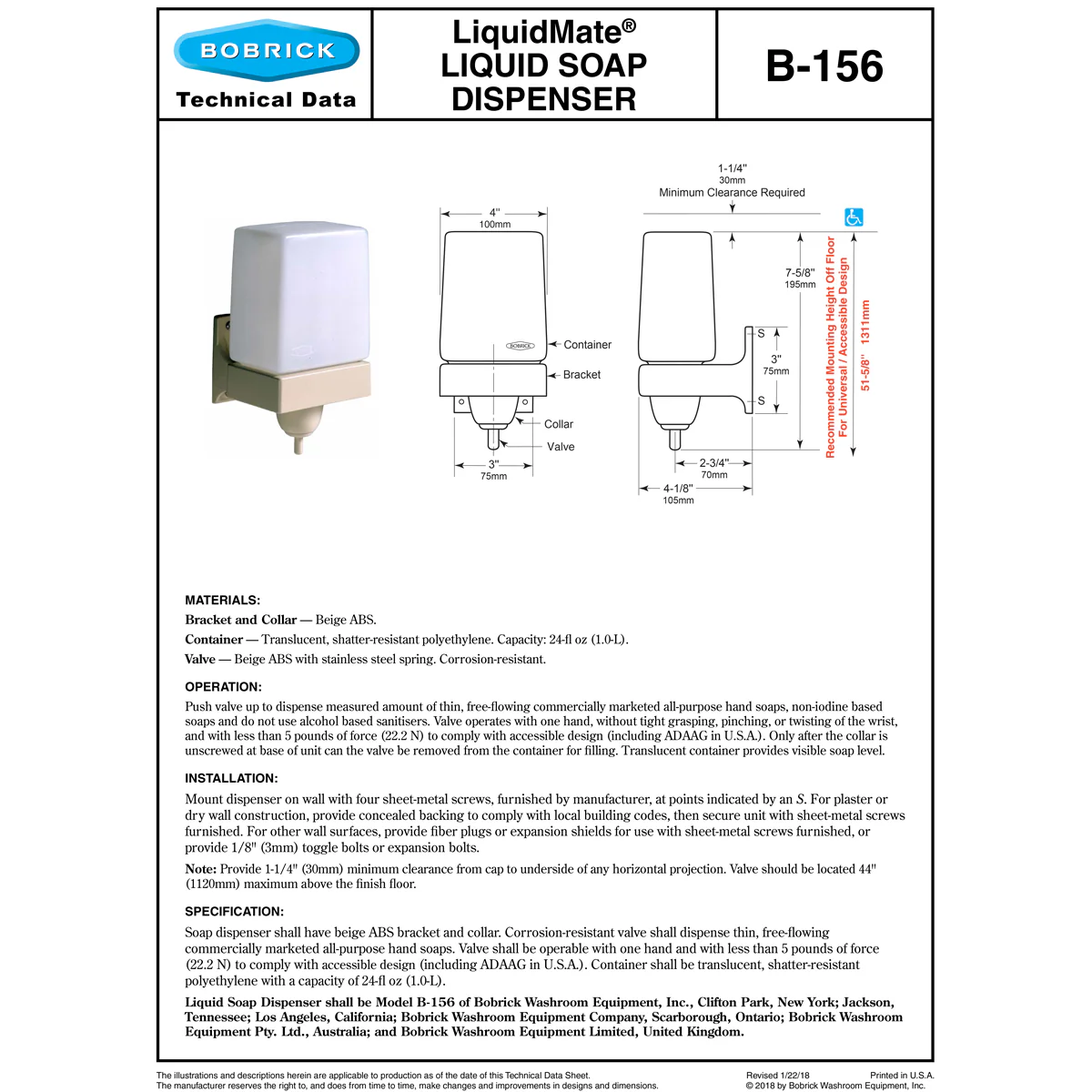 Bobrick B-156 Commercial Liquid Soap Dispenser, Surface-Mounted, Manual-Push, Plastic - 24 Oz - Image 5
