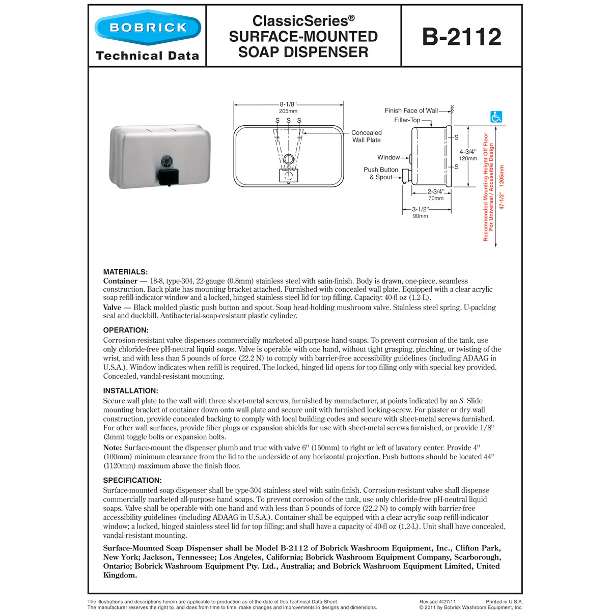 Bobrick B-2112 Commercial Liquid Soap Dispenser, Surface-Mounted, Manual-Push, Stainless Steel - 40 Oz - Image 10
