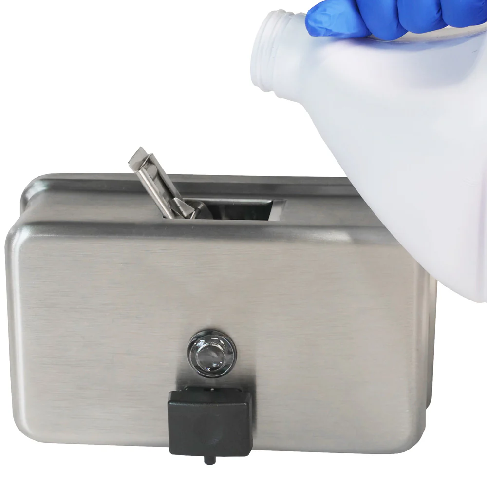Bobrick B-2112 Commercial Liquid Soap Dispenser, Surface-Mounted, Manual-Push, Stainless Steel - 40 Oz - Image 7
