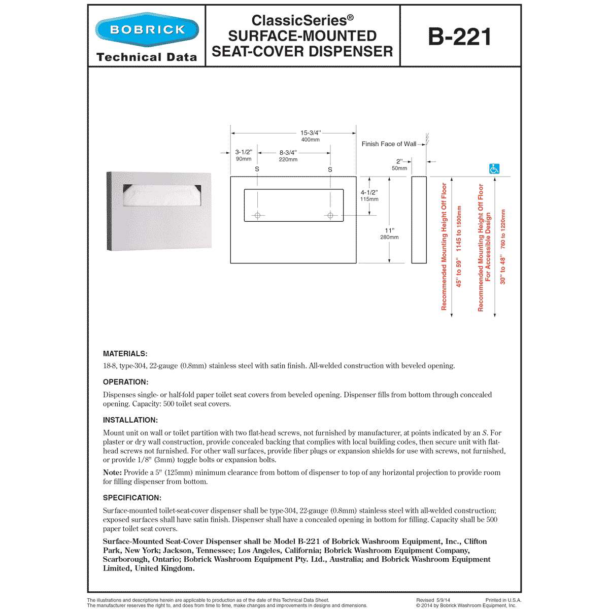 Bobrick B-221 Commercial Toilet Seat Cover Dispenser, Surface-Mounted, Stainless Steel - Image 7
