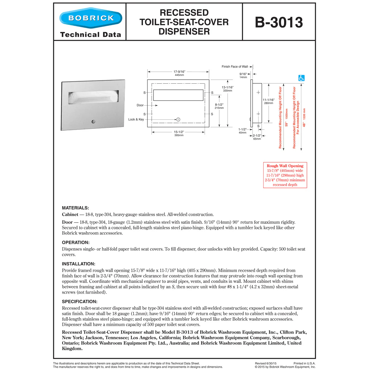 Bobrick B-3013 Commercial Toilet Seat Cover Dispenser, Recessed-Mounted, Stainless Steel - Image 3