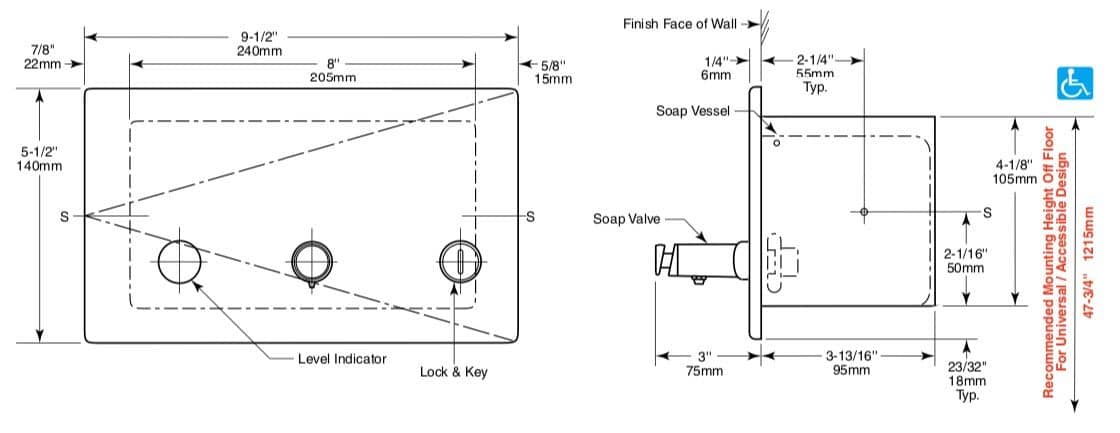 Bobrick B-306 Commercial Fluid Soap Dispenser, Recessed-Mounted, Manual-Push, Stainless Steel - 45 Oz - Image 6