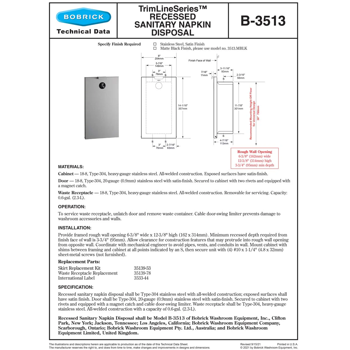 Bobrick B-3513 Commercial Restroom Sanitary Waste Bin, 2.3 L, Recessed-Mounted, 8-1/16" W x 14-1/8" H x 4-1/2" D, Stainless Steel - Image 5