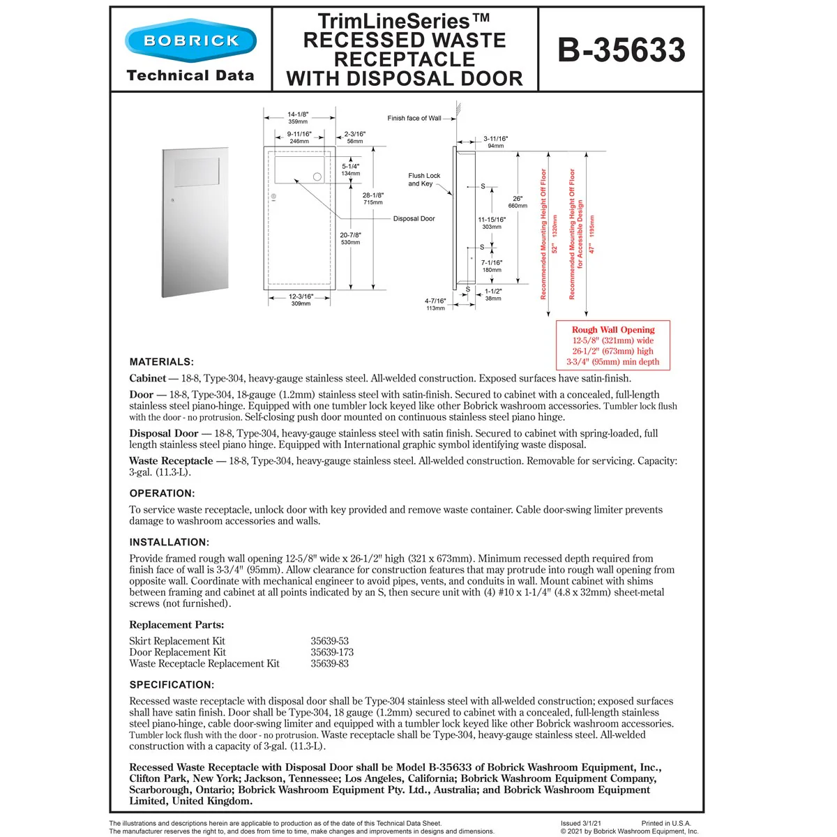 Bobrick B-35633 Commercial Restroom Sanitary Waste Bin, 11 L, Recessed-Mounted, 14-1/8" W x 28-1/8" H, 4-7/16" D, Stainless Steel - Image 3