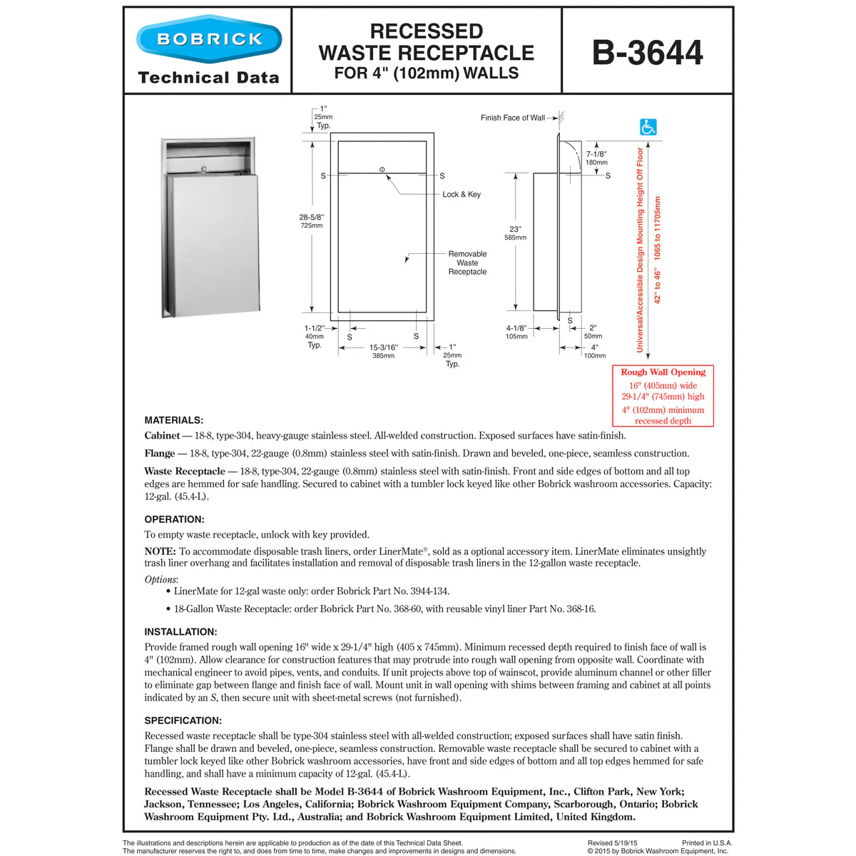 Bobrick B-3644 Commercial Restroom Sanitary Waste Bin, 12 Gallon, Recessed-Mounted, 16" W x 29-1/4" H, 4" D, Stainless Steel - Image 6