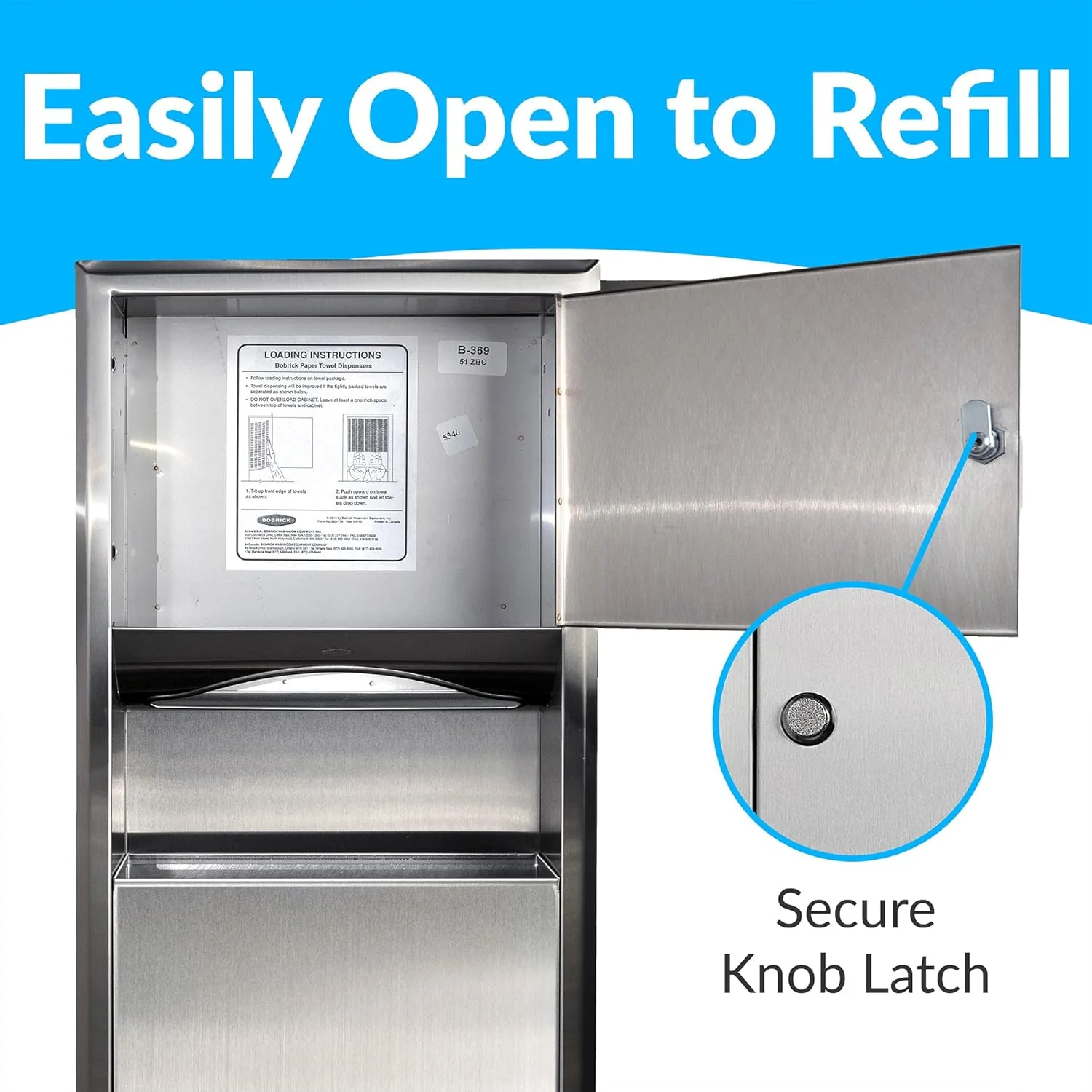 Bobrick B-369 Combination Commercial Paper Towel Dispenser/Waste Receptacle, Recessed-Mounted, Stainless Steel - Image 14