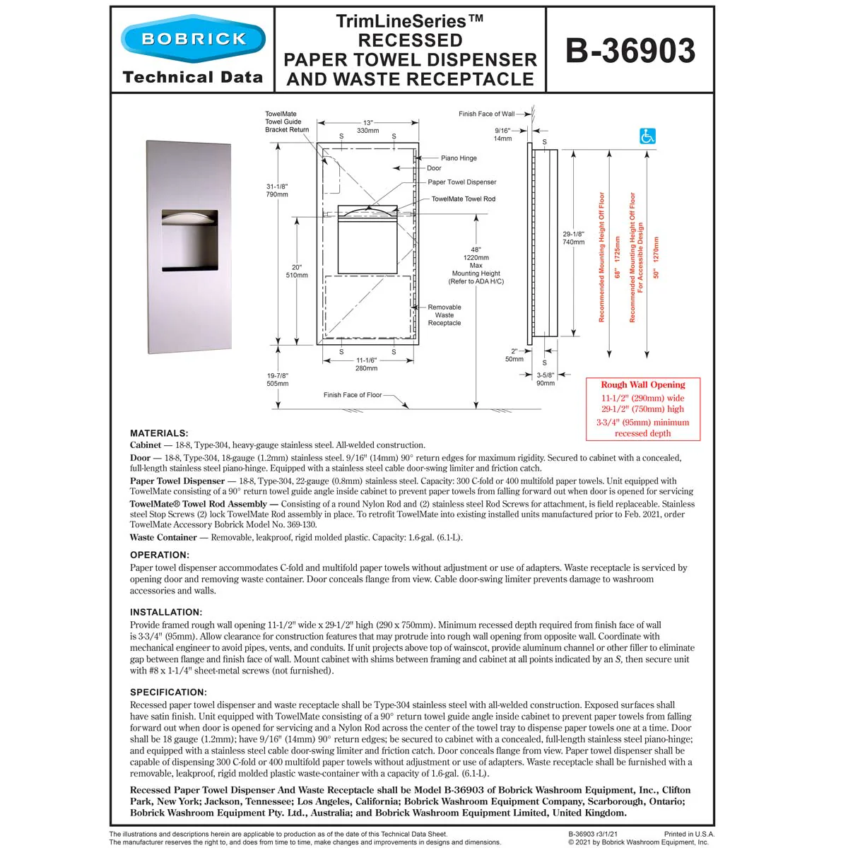 Bobrick B-36903 Combination Commercial Paper Towel Dispenser/Waste Receptacle, Recessed-Mounted, Stainless Steel - Image 6