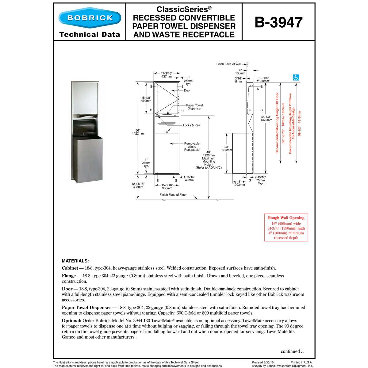 Bobrick B-3947 Combination Commercial Paper Towel Dispenser/Waste Receptacle, Recessed-Mounted, Stainless Steel - Image 3