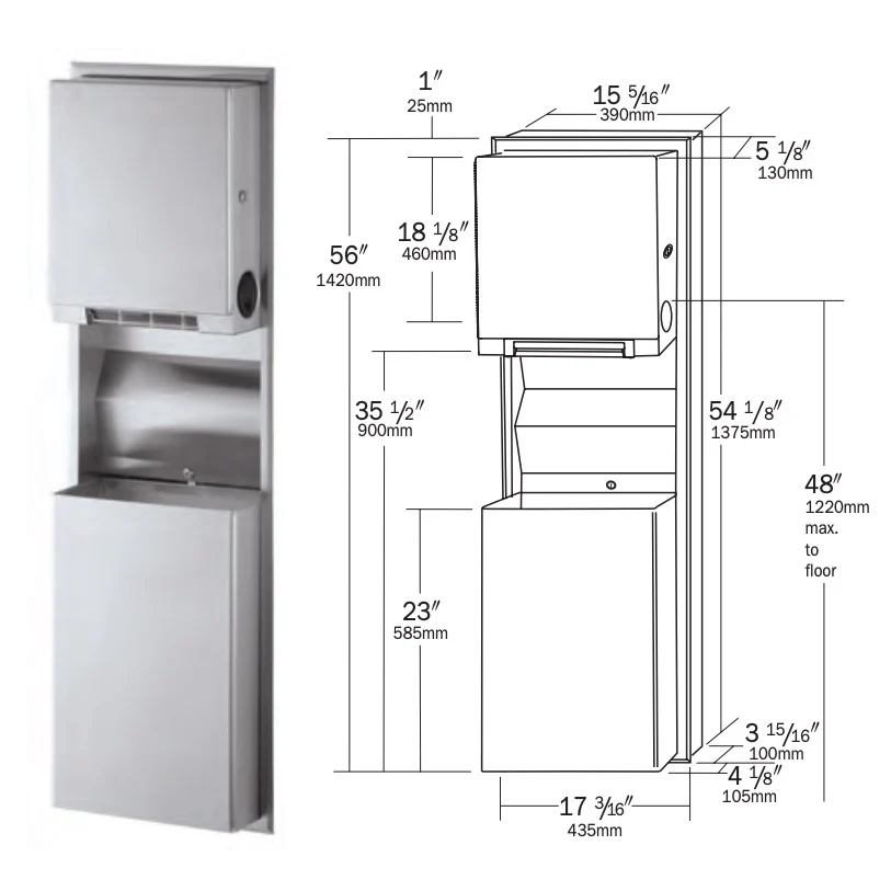 Bobrick B-3961 Combination Commercial Paper Towel Dispenser/Waste Receptacle, Recessed-Mounted, Stainless Steel - Image 4