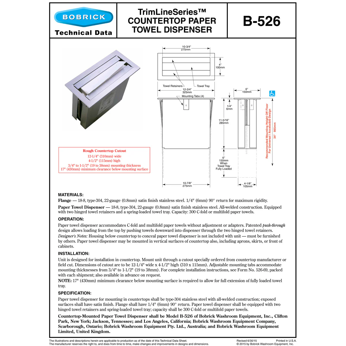 Bobrick B-526 Commercial Paper Towel Dispenser, Counter-Top Mounted, Stainless Steel - Image 3