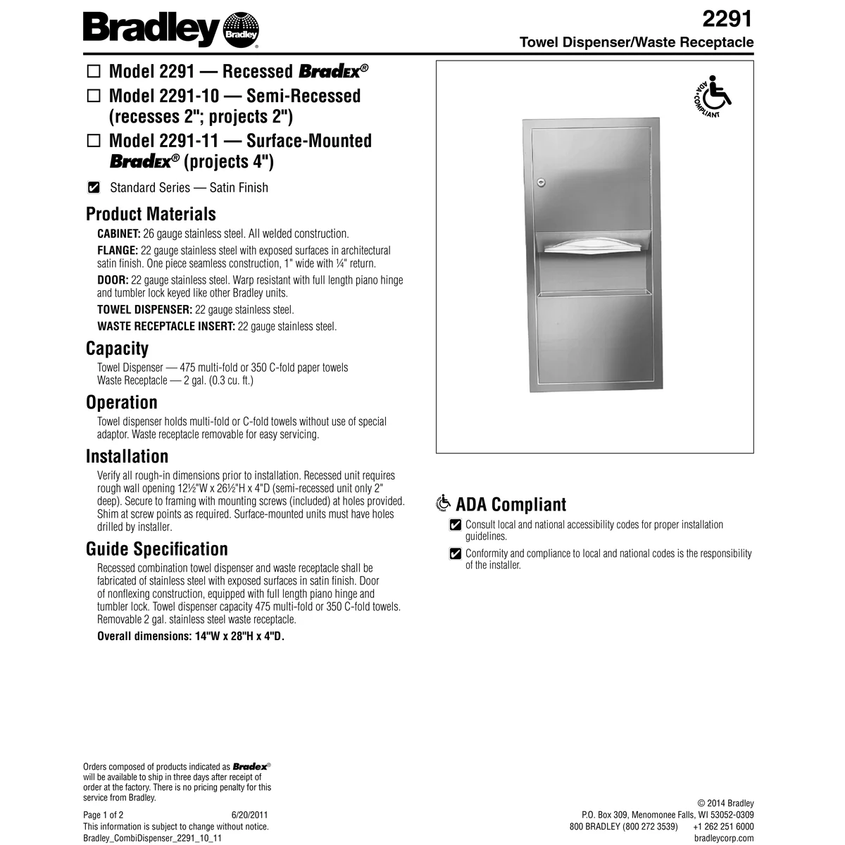 Bradley 2291-00 Combination Towel Dispenser/Waste Receptacle, Recessed-Mounted, Stainless Steel - Image 3