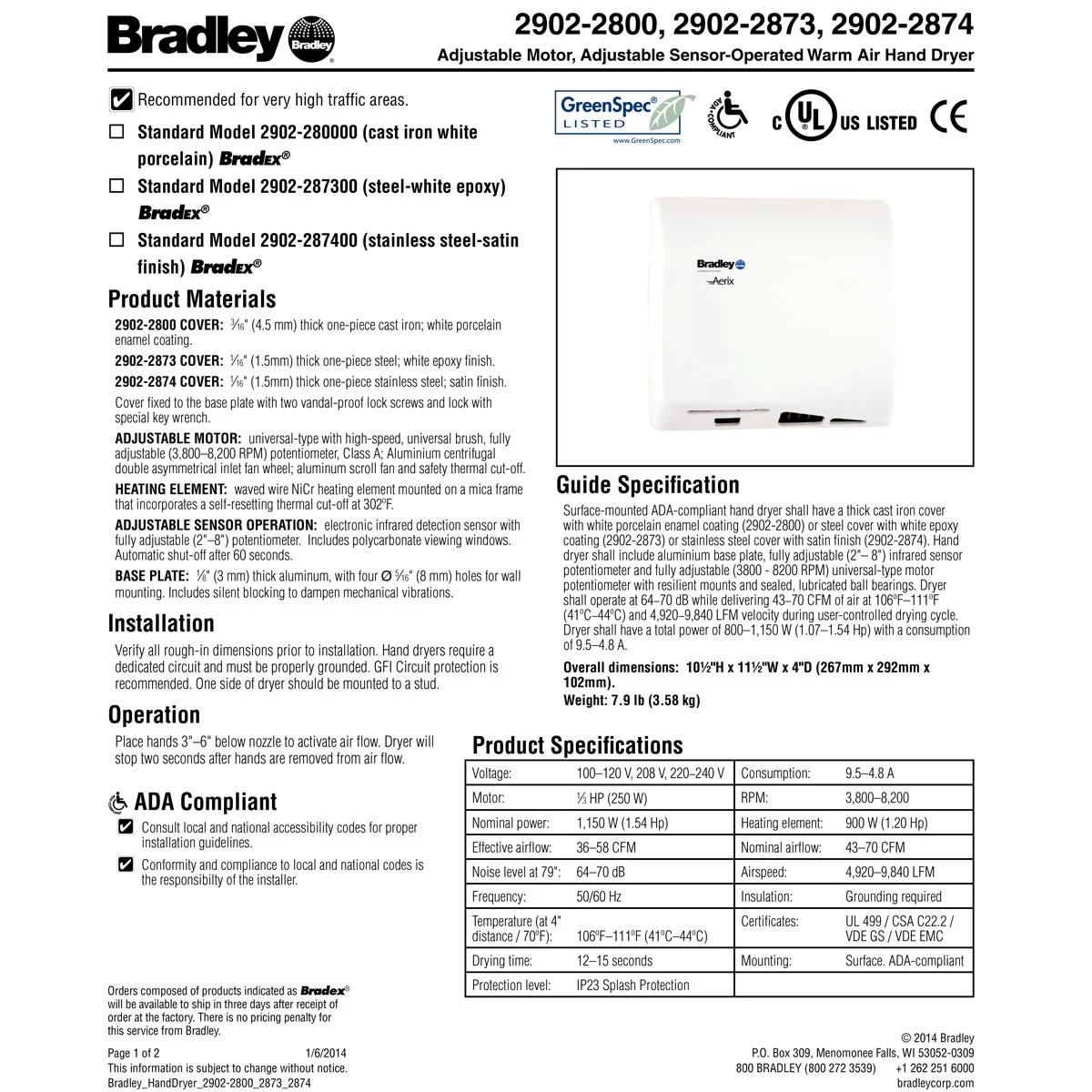 Bradley 2902-2874 Automatic High Efficiency Hand Dryer, 110-120/208/220-240 Volt, Surface-Mounted, Stainless Steel - Image 4