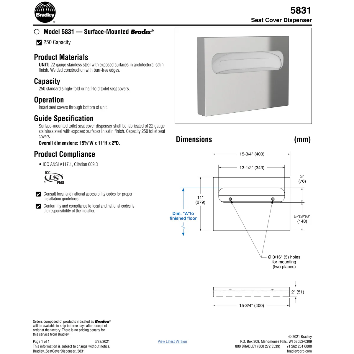 Bradley 5831-00 Seat Cover Dispenser, Low Capacity, Surface-Mounted, Satin Finish, Stainless Steel - Image 5