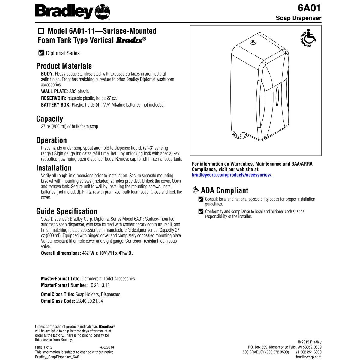 Bradley 6A01-11 Automatic Foam Soap/Sanitizer Dispenser, Surface Mount - Image 6