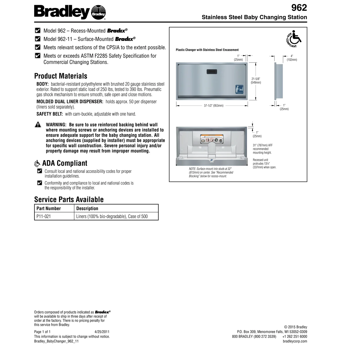 Bradley 962-11 Baby Changing Station, Surface-Mounted, Stainless Steel - Image 8